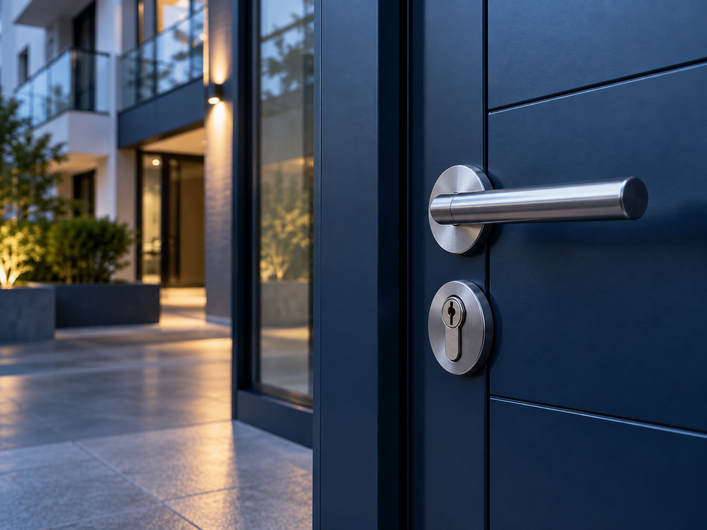 Porte d’entrée contemporaine avec serrure et poignée métalliques